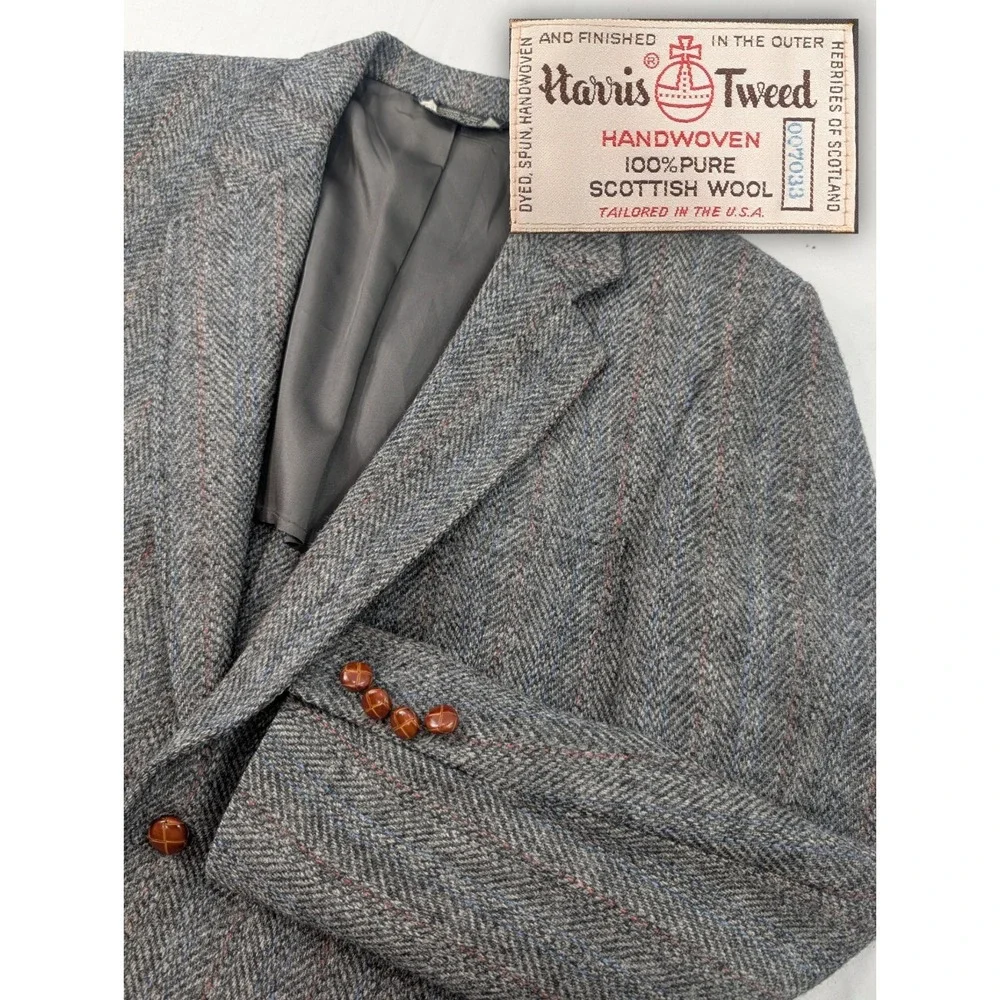 VTG Harris Tweed Beaconsfield Blazer Sport Coat Mens 42L Slim Gray Wool 90s